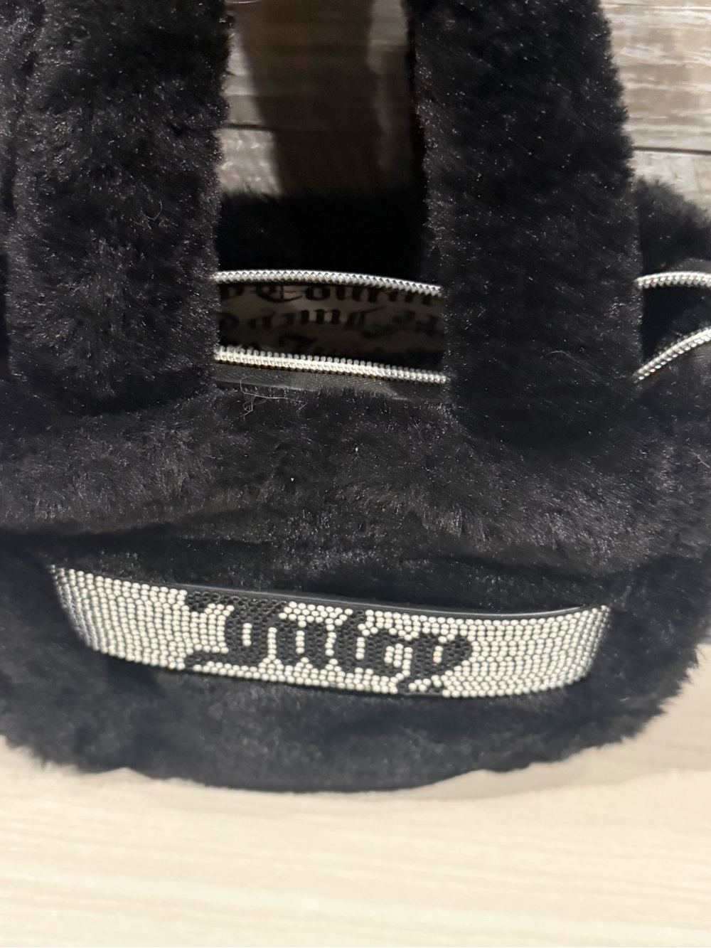 Juicy faux fur Plush Black Tote with Rhinestone Accent - Picture 3 of 5